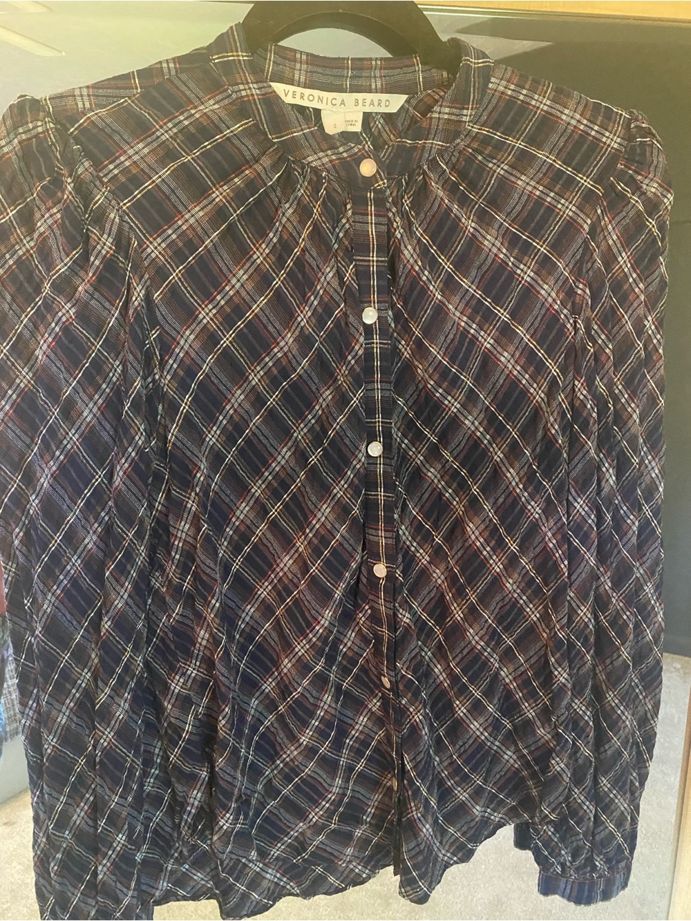 Veronica Beard Navy Plaid Pearl Snap Button-Front Shirt